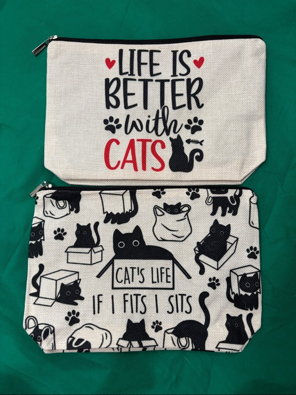 (2pieces) 10x7” Life Is Better With Cats Canvas Pouch – Cream and Black NWOT